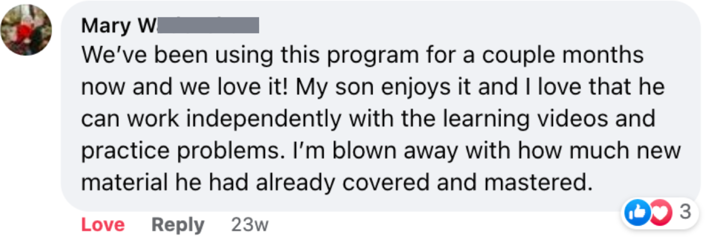 Parent review on Facebook sharing love of Thinkster and the video tutorials and math problems.