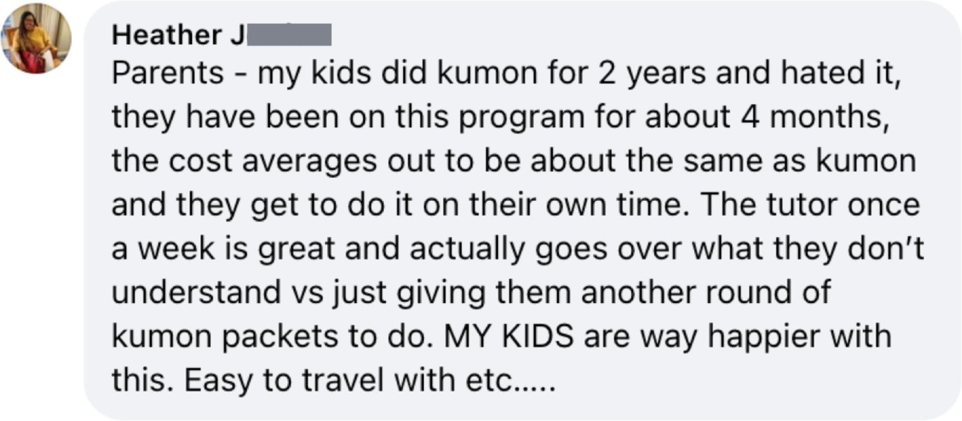 Parent review on Facebook offering feedback of how Thinkster is a Kumon alternative.