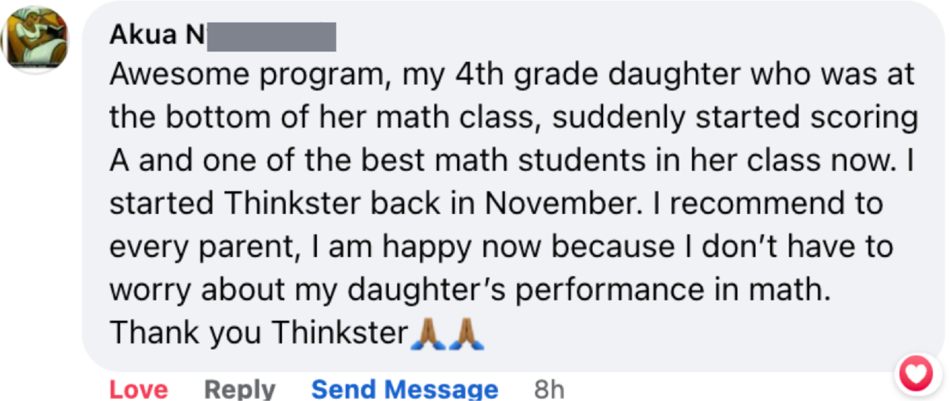 Parent review on Facebook sharing how math scores improved and math performance skyrocketed with Thinkster.