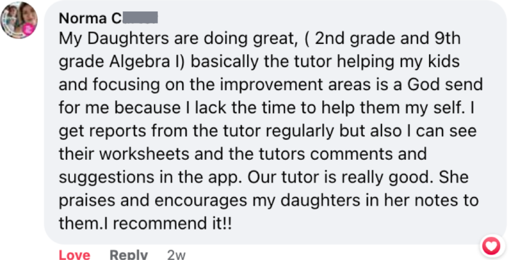 Parent review on Facebook praising Thinkster’s math worksheets and expert tutor feedback.