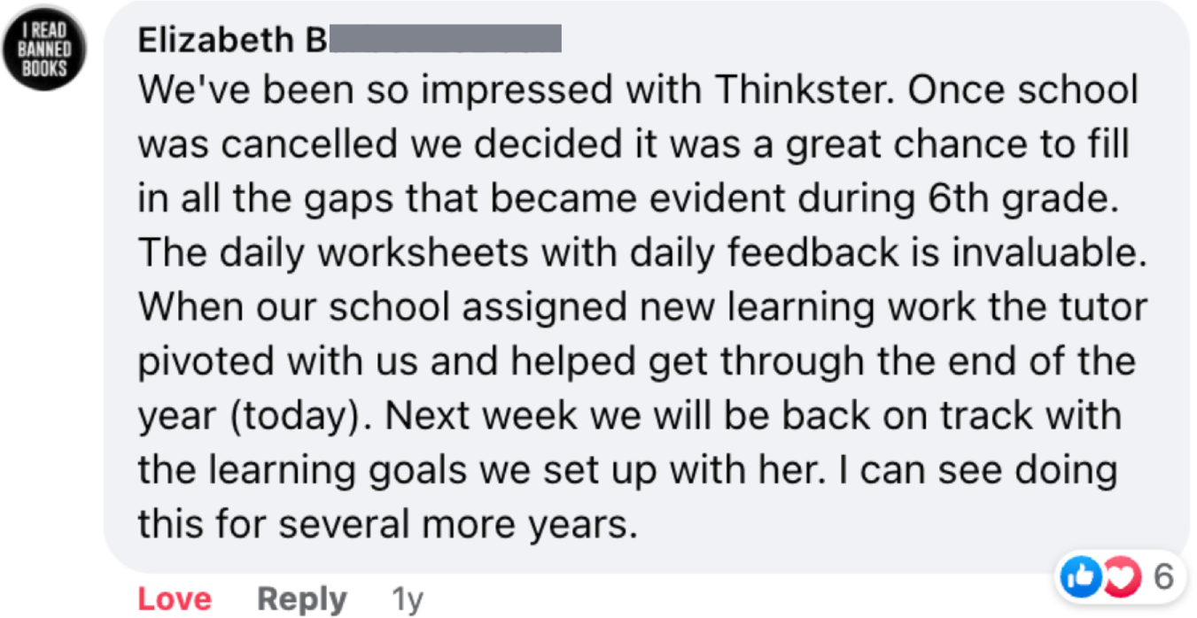 Parent review on Facebook praising Thinkster tutor and daily math worksheets to help reach math goals.