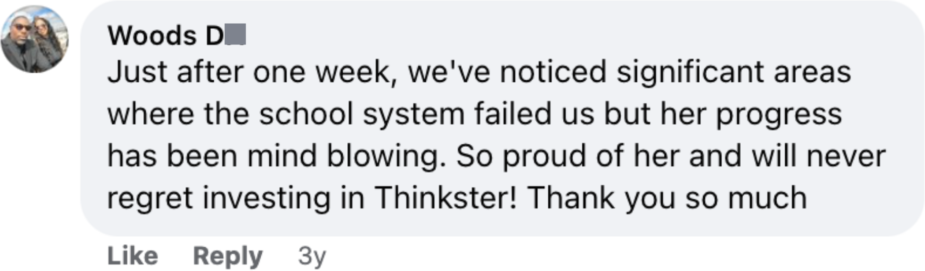 Parent review on Facebook mentioning progress and learning improvements after just one week with Thinkster.