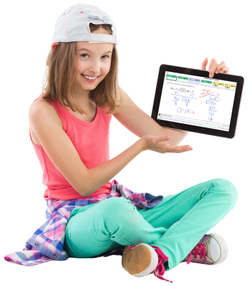 Girl holding an iPad to show the Thinkster Math app and learning program after solving math problem.