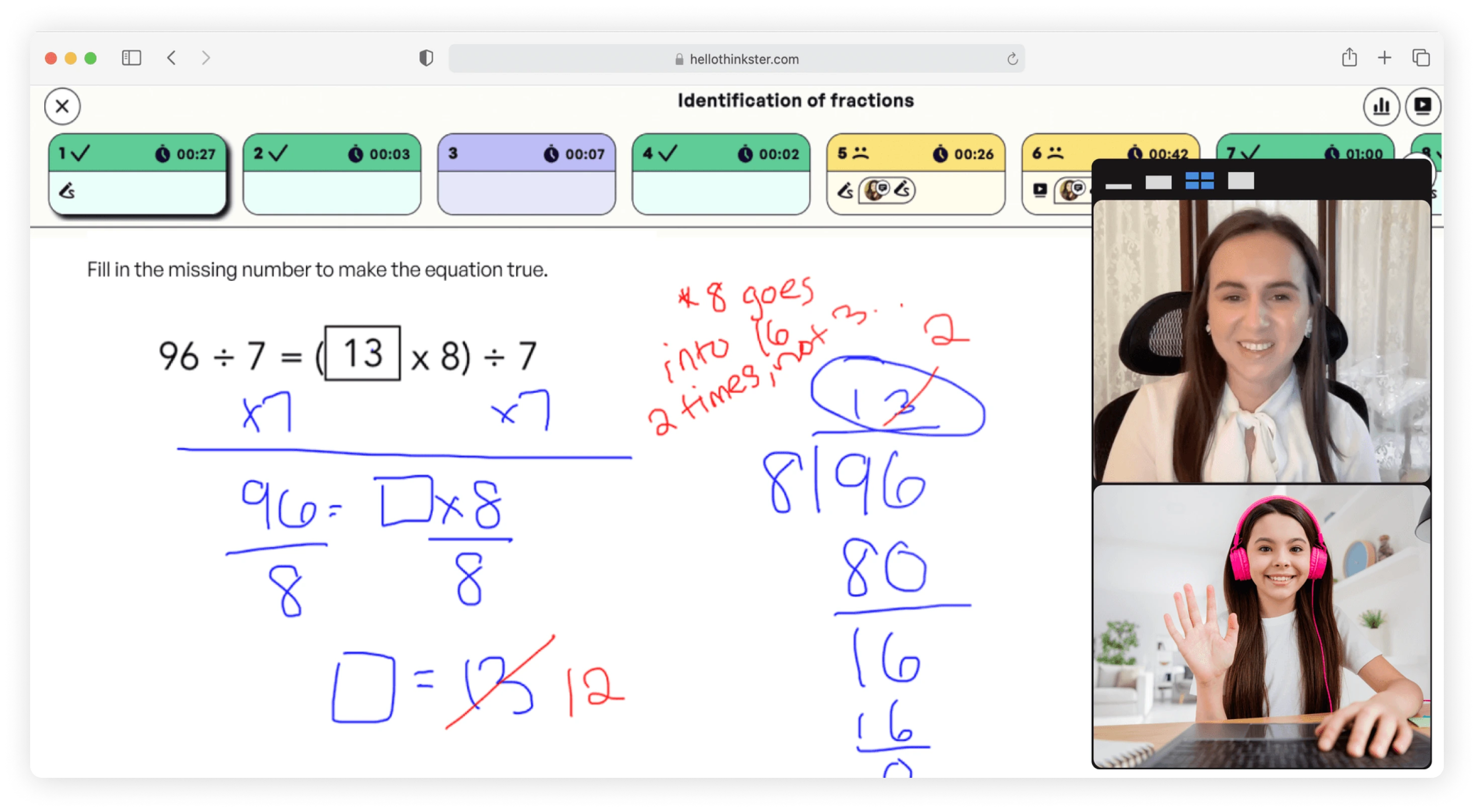 Math tutor helping a girl solve a math problem during online tutoring.